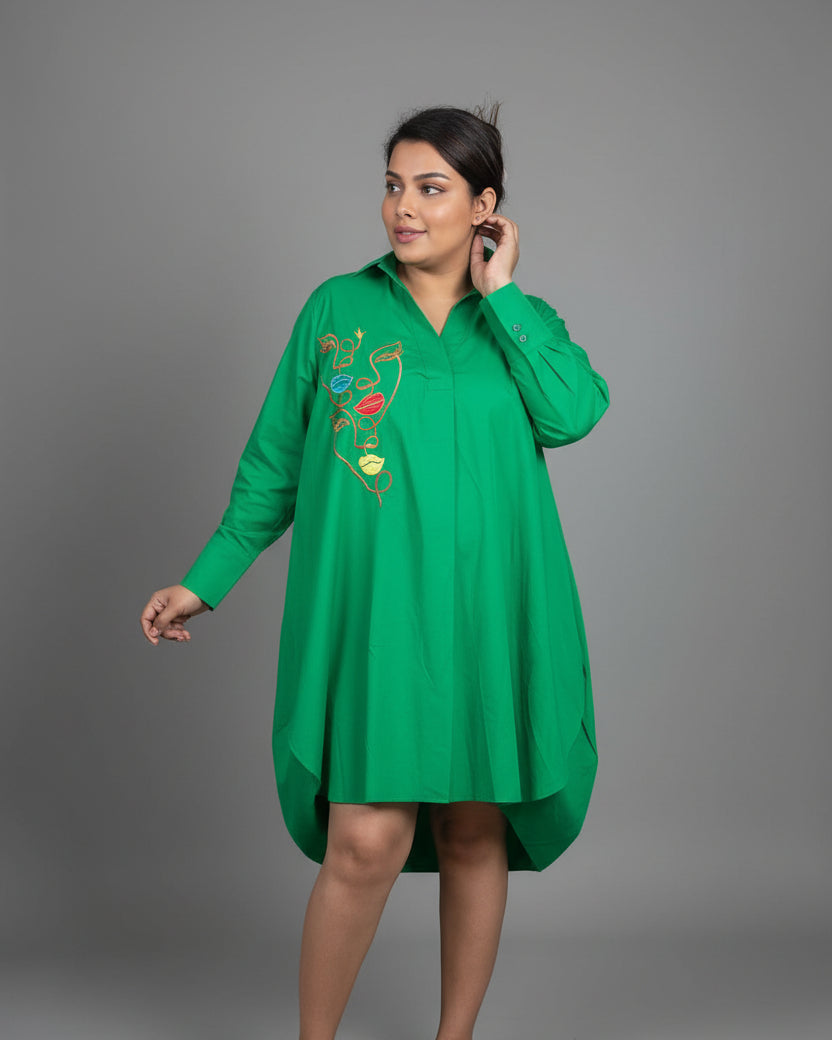 Women Black Abstract Face Embroidered Shirt Dress