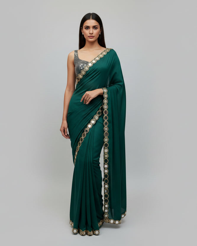 Emerald Green Mirror Work Saree