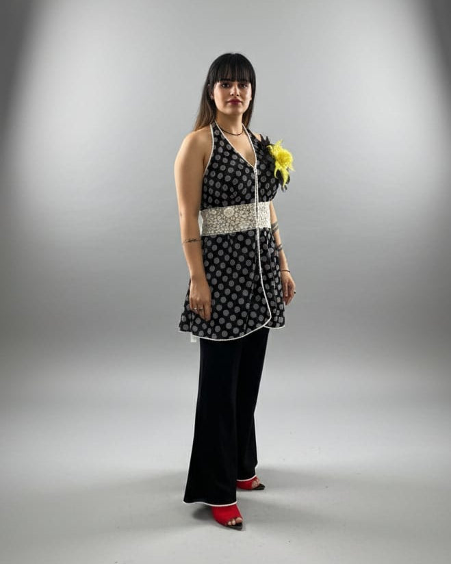 Polka Dot Halter Neck Kurti Set with Flared Palazzo Pants