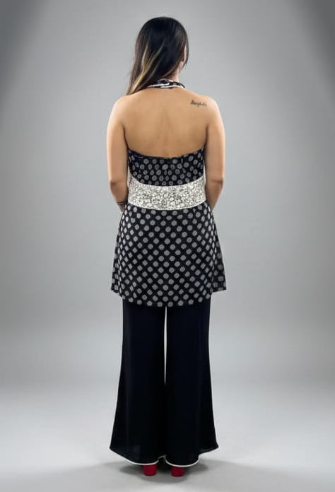 Polka Dot Halter Neck Kurti Set with Flared Palazzo Pants