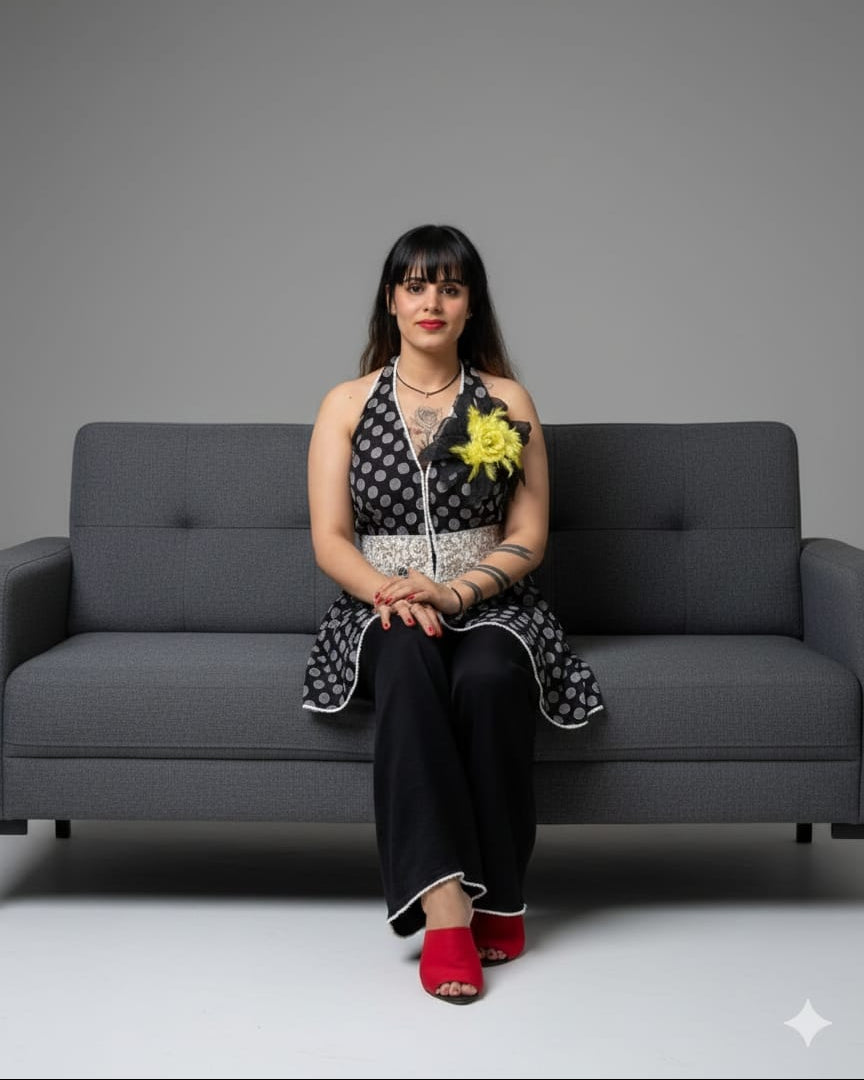 Polka Dot Halter Neck Kurti Set with Flared Palazzo Pants