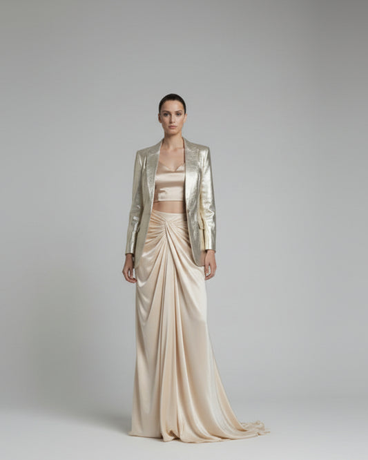 Metallic Blazer with Draped Skirt Set