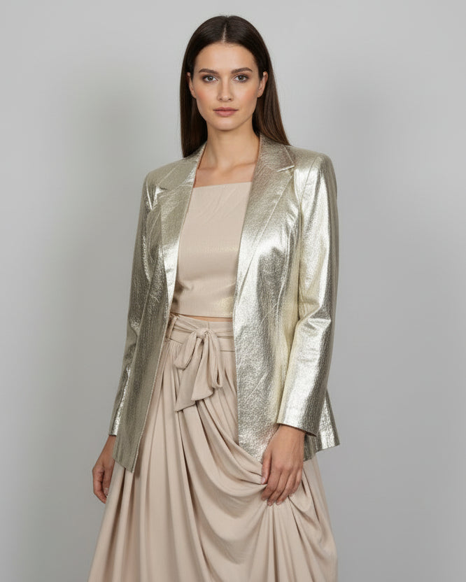 Metallic Blazer with Draped Skirt Set