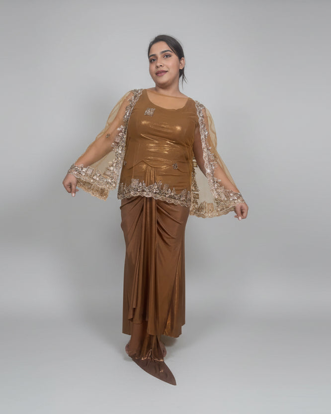 Elegant Brown Shimmer  Style Dress with Embellished Net Cape