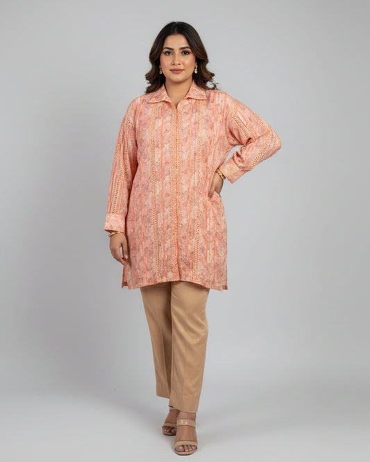 Peach Printed Kurti Set with Straight Pants – Elegant Casual Wear for Women