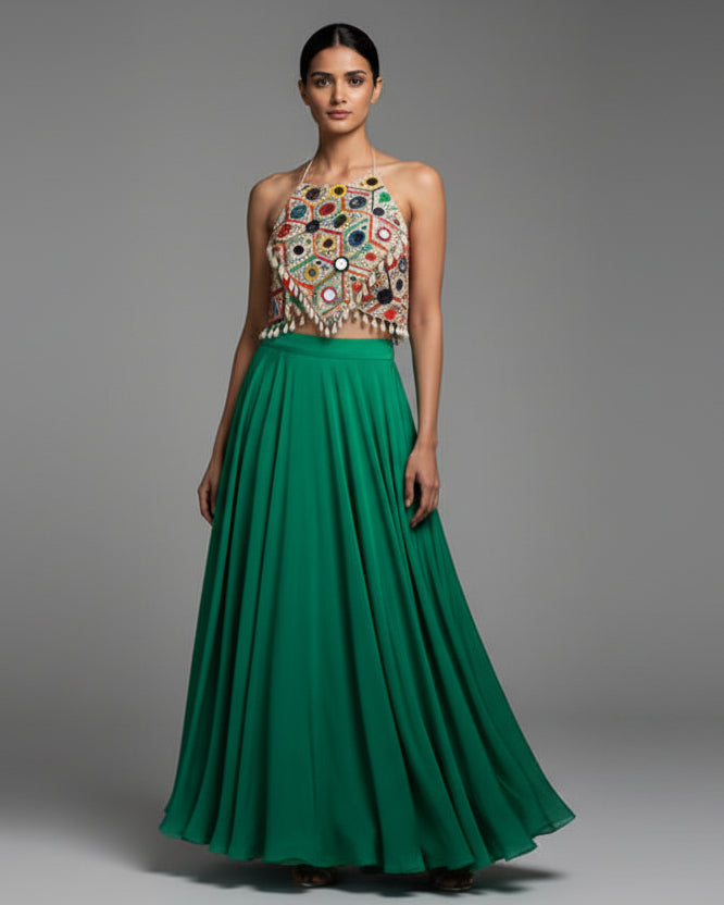 Afghan Mirror Work Halter Crop Top with Green Flared Skirt