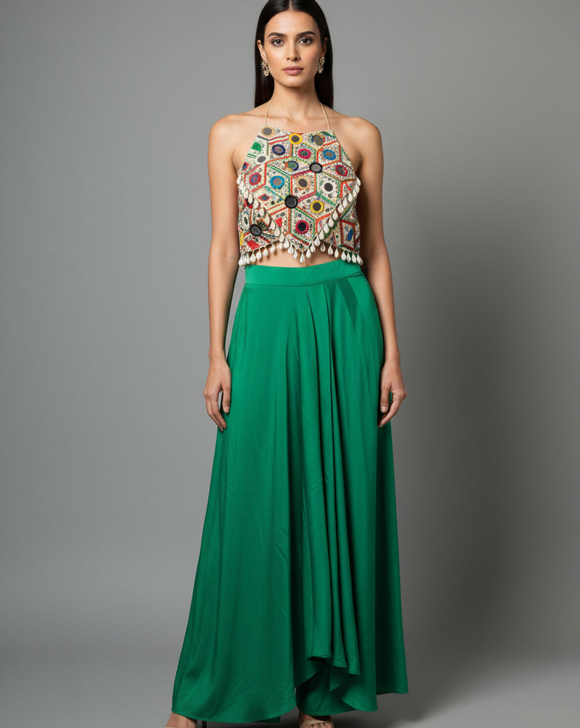 Afghan Mirror Work Halter Crop Top with Green Flared Skirt