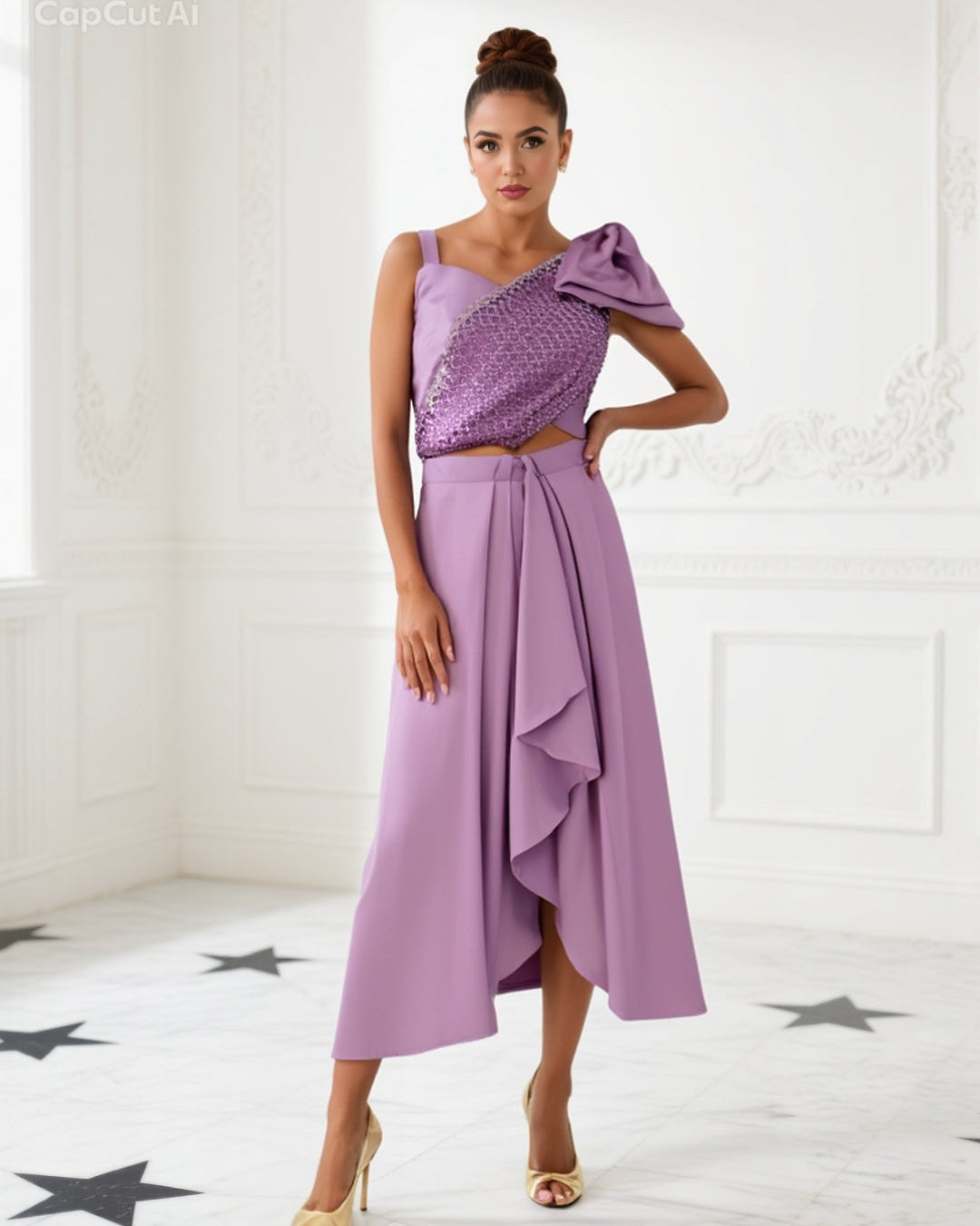 One-Shoulder Embellished Evening Gown with Cape