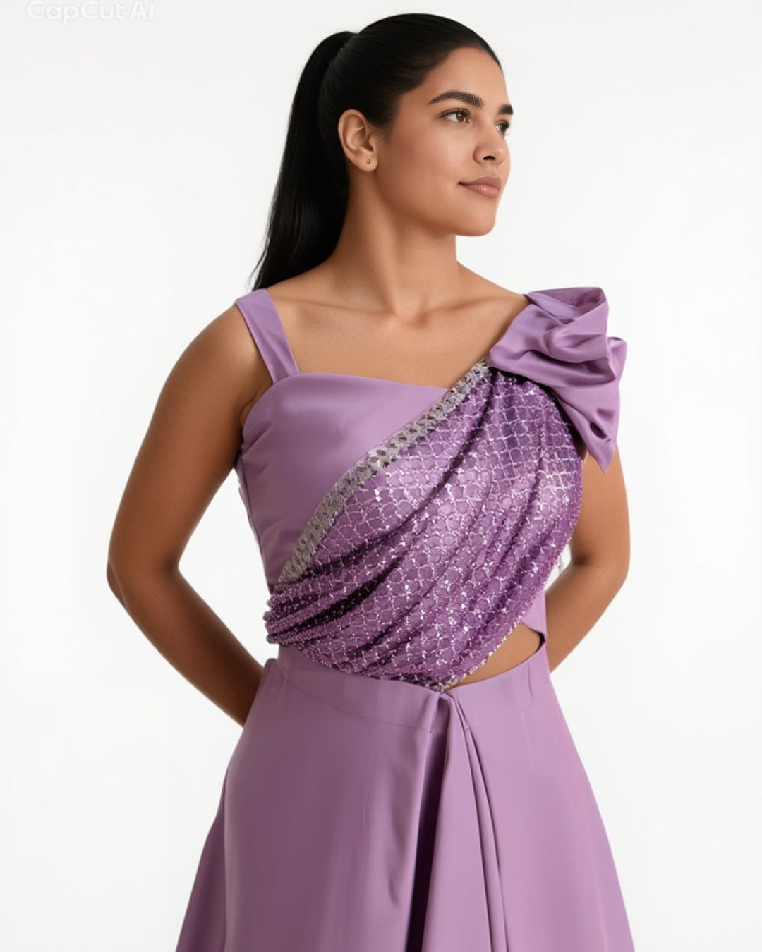 One-Shoulder Embellished Evening Gown with Cape