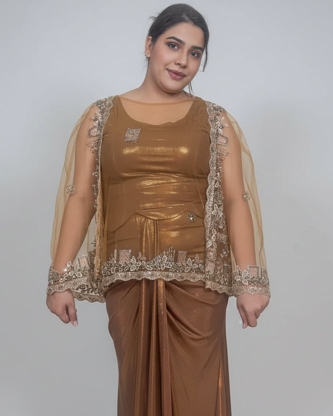 Elegant Brown Shimmer  Style Dress with Embellished Net Cape