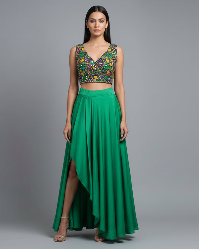 Afghan Mirror Work Halter Crop Top with Green Flared Skirt