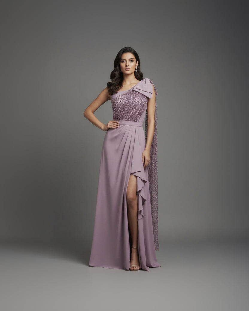 One-Shoulder Embellished Evening Gown with Cape