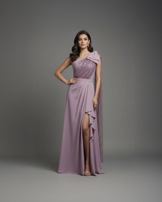 One-Shoulder Embellished Evening Gown with Cape